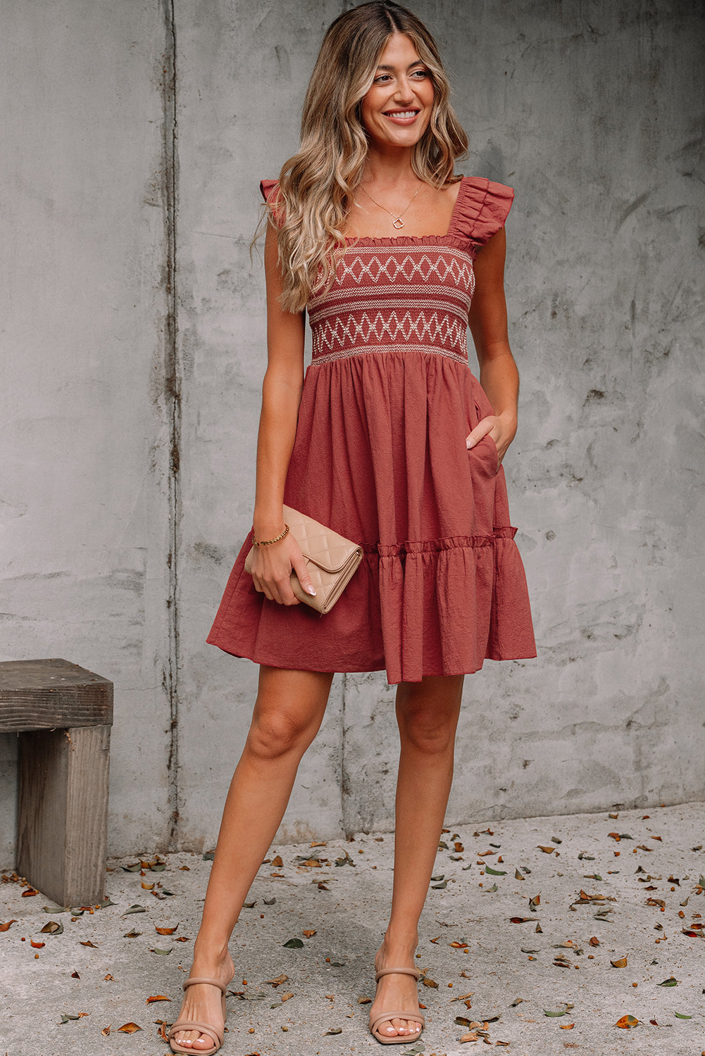 Red Sandalwood Geometric Stitch Shirred Bodice Ruffled Trim Sleeveless Mini Dress-TOPS / DRESSES-[Adult]-[Female]-2022 Online Blue Zone Planet