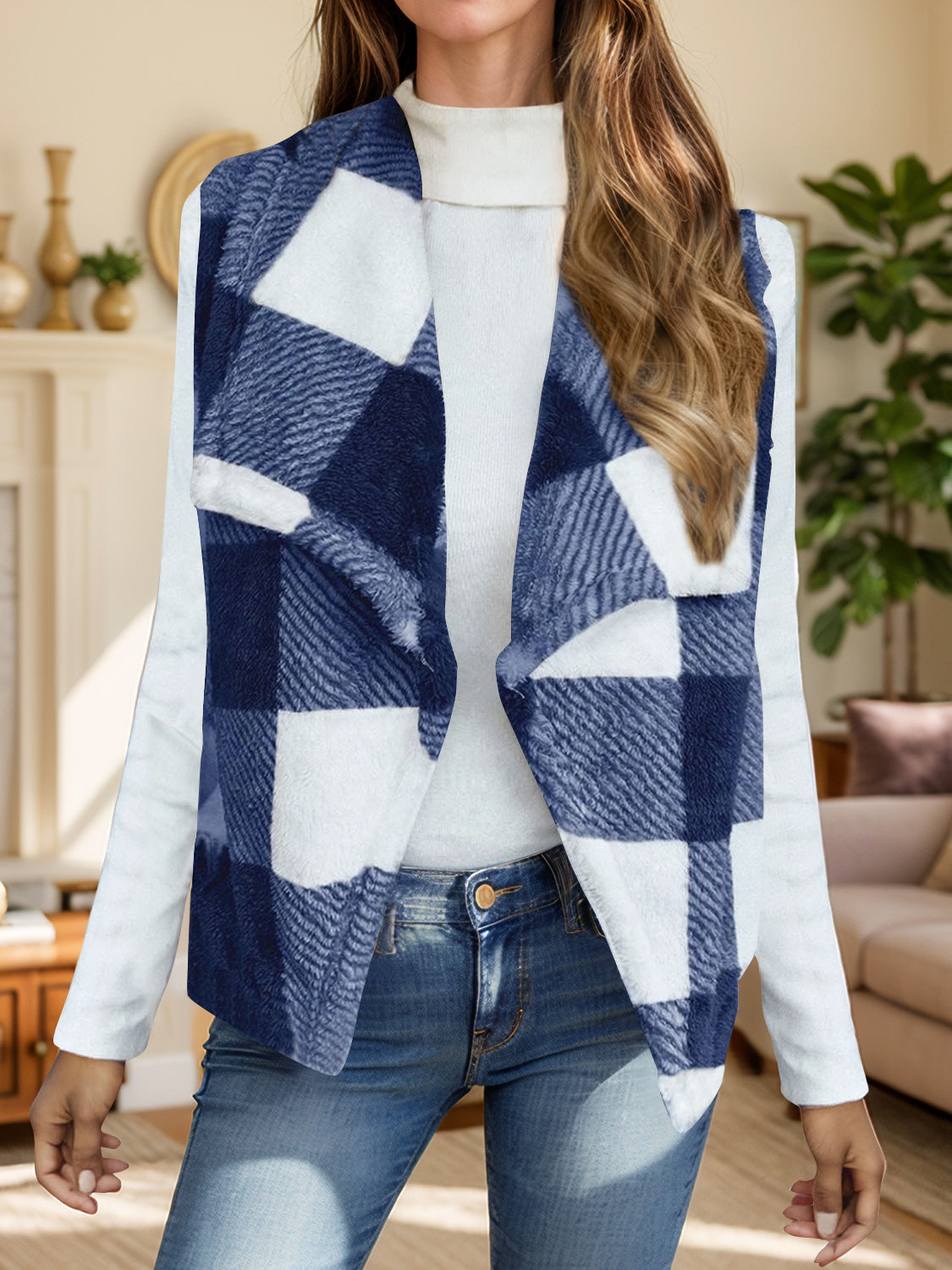 Plaid Open Front Vest Coat-TOPS / DRESSES-[Adult]-[Female]-Royal Blue-S-2022 Online Blue Zone Planet