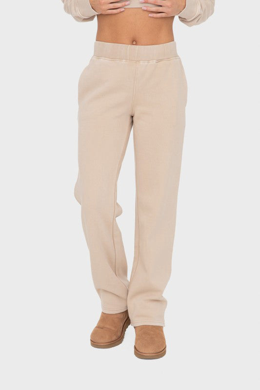 Mono B Elastic Waist Fleece Pants with Pockets-BOTTOMS SIZES SMALL MEDIUM LARGE-[Adult]-[Female]-Tan-S-2022 Online Blue Zone Planet