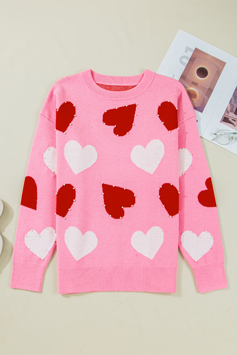 Pink Pearl Embellished Heart Pattern Valentines Day Sweater-TOPS / DRESSES-[Adult]-[Female]-2022 Online Blue Zone Planet