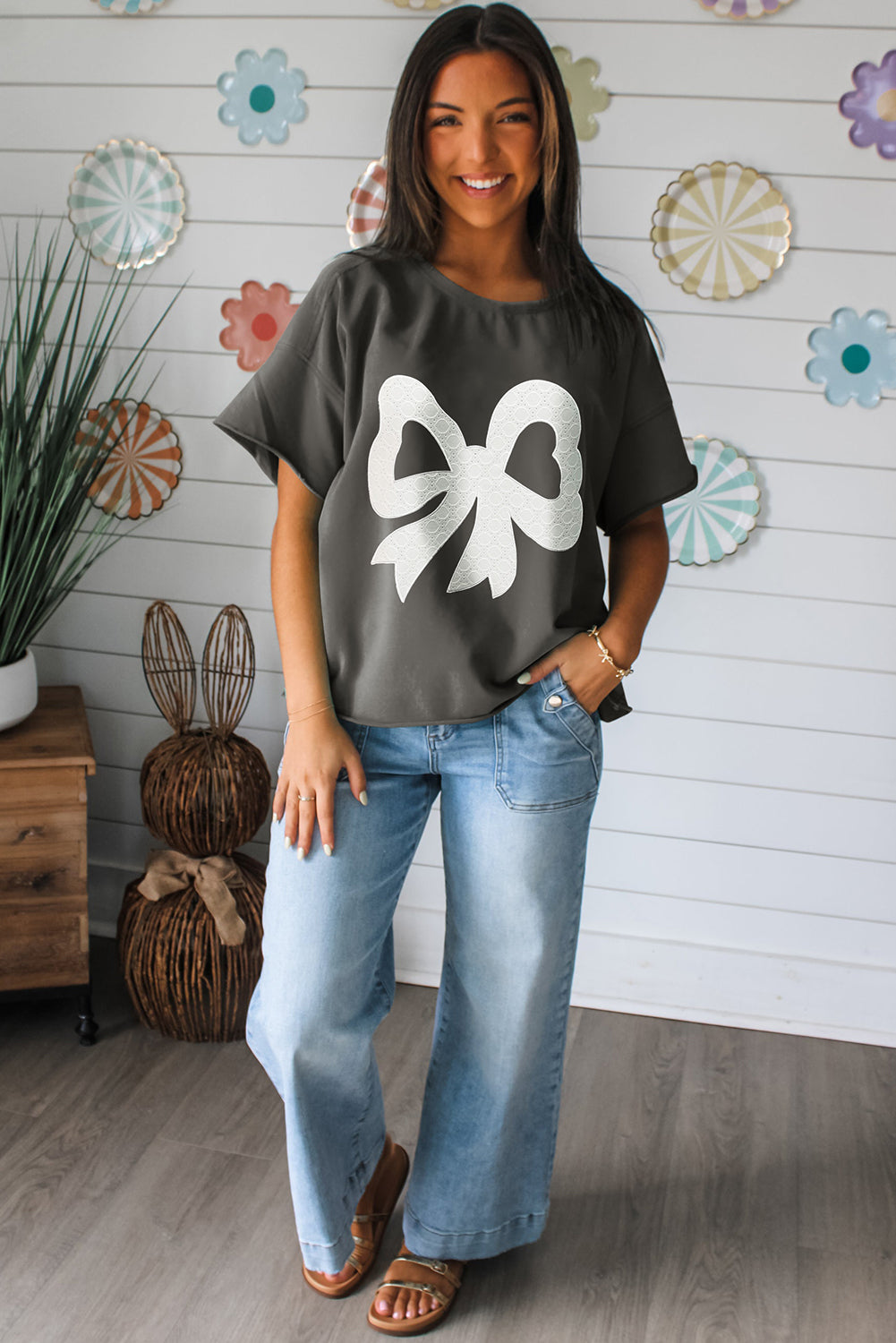 Sea Green Lace Bow Raw Edge Drop Shoulder Casual T Shirt-Tops/Tops & Tees-[Adult]-[Female]-2022 Online Blue Zone Planet