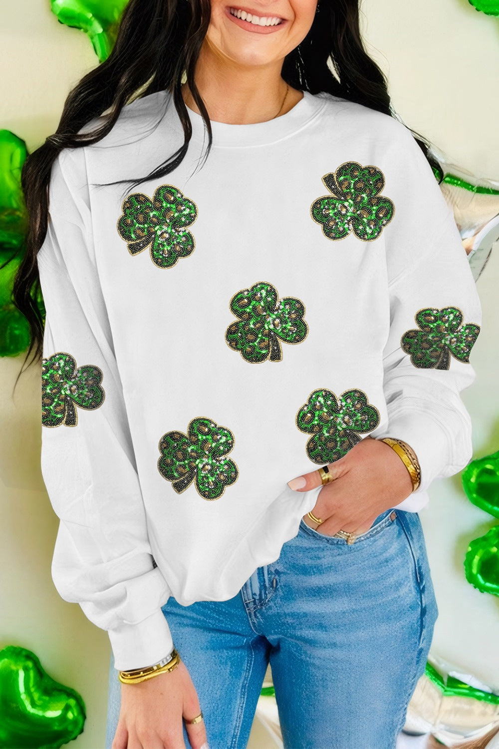 Sequin Lucky Clover Long Sleeve Sweatshirt-TOPS / DRESSES-[Adult]-[Female]-2022 Online Blue Zone Planet