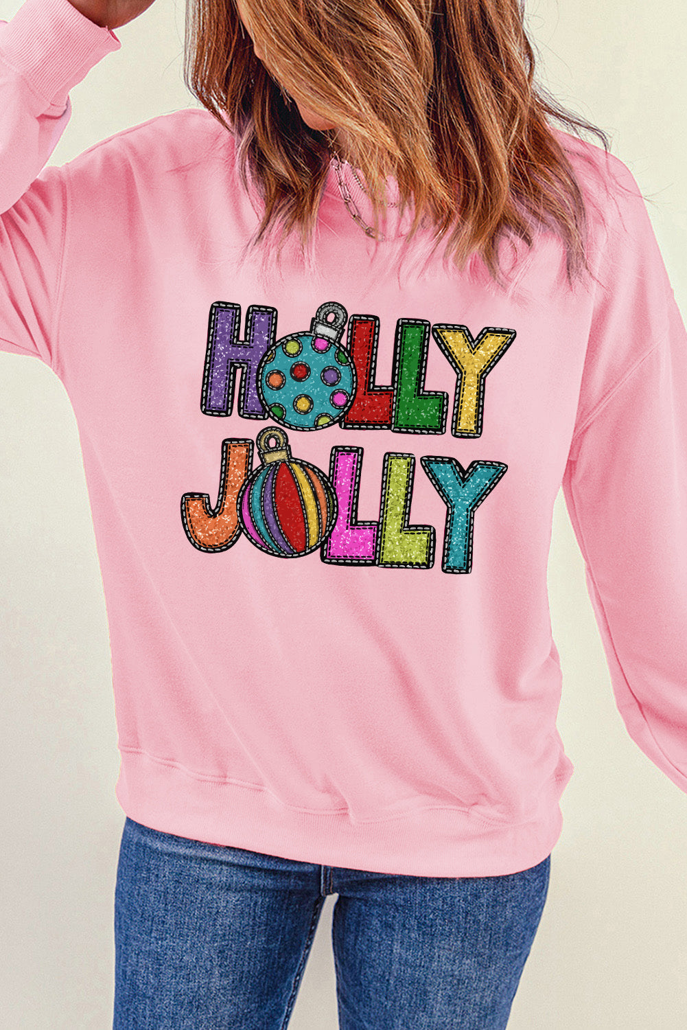 Pink HOLLY JOLLY Christmas Festive Letter Graphic Sweatshirt-Graphic Sweatshirts-[Adult]-[Female]-2022 Online Blue Zone Planet