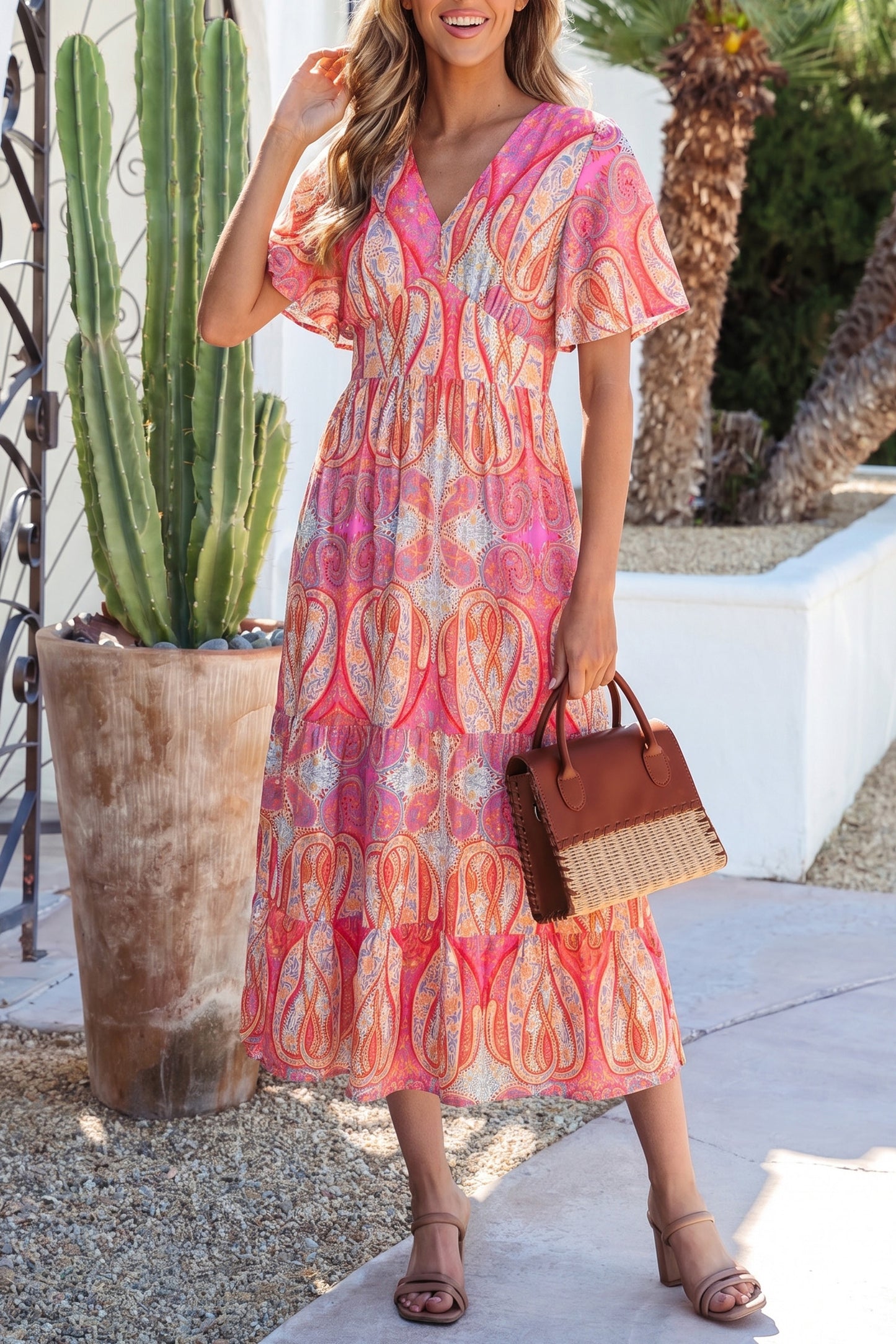 Multicolour Paisley Print V-Neck Short Sleeve Boho Maxi Dress with Ruffle Details-Dresses/Floral Dresses-[Adult]-[Female]-2022 Online Blue Zone Planet