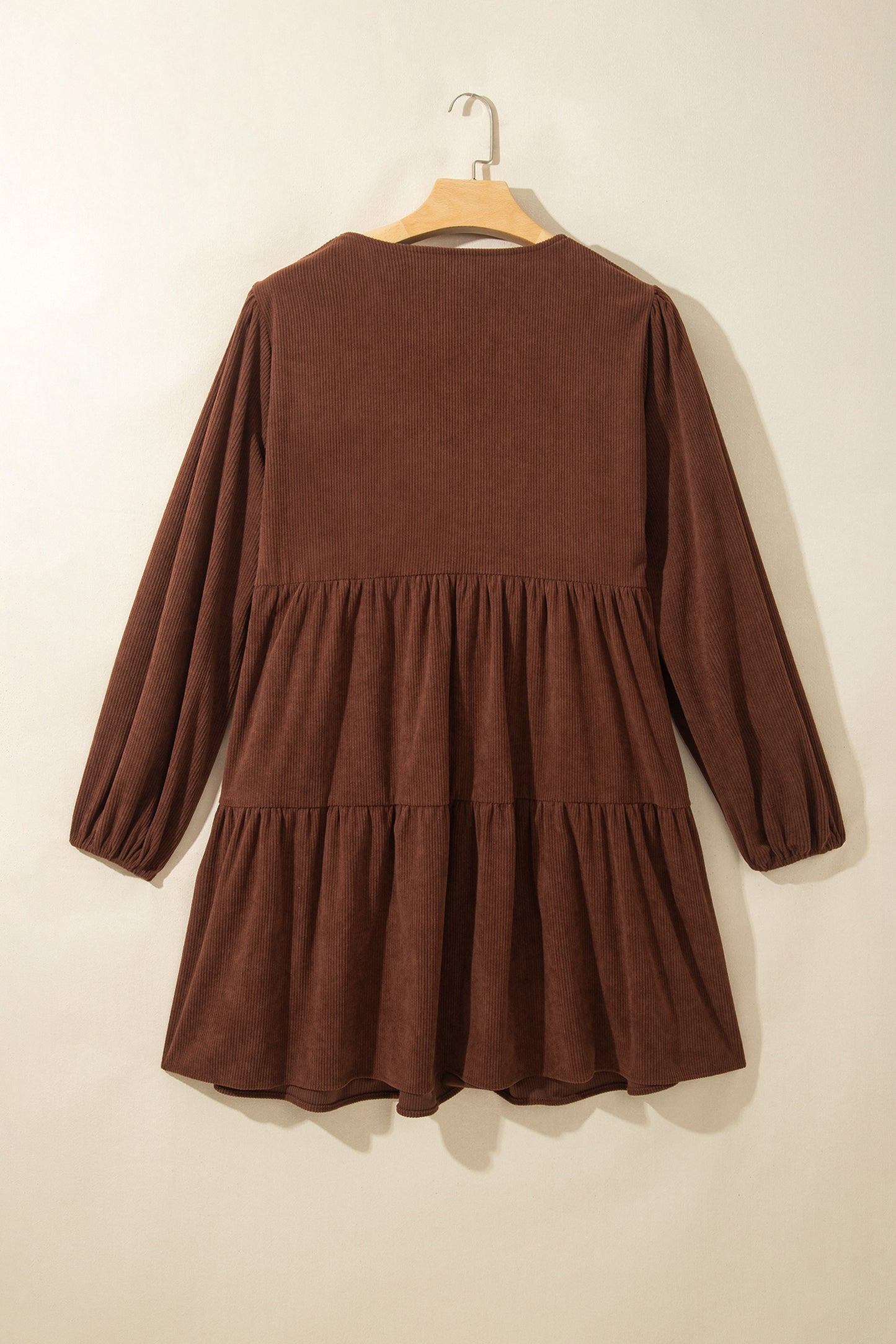 Coffee Winter Corduroy V Neck Long Sleeve Plus Size Mini Dress