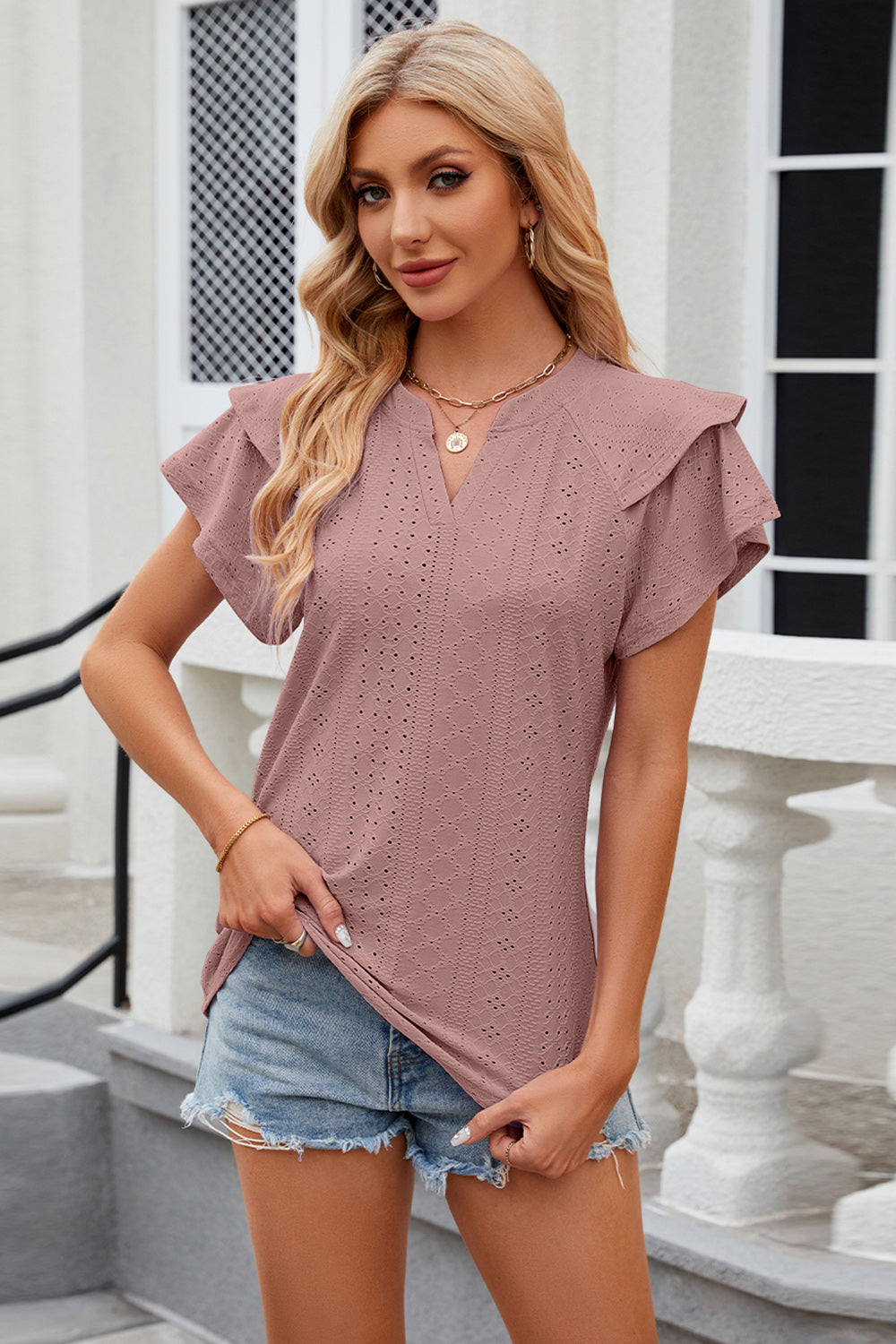 Eyelet Notched Short Sleeve T-Shirt-TOPS / DRESSES-[Adult]-[Female]-Pink Purple-S-2022 Online Blue Zone Planet