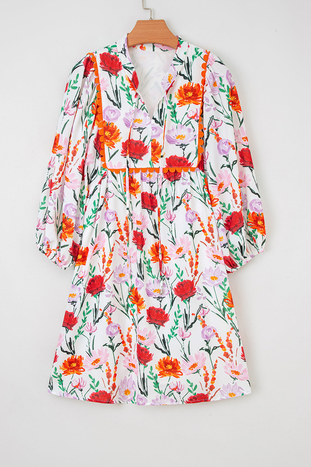 Beige Floral Print 3/4 Puff Sleeve Ricrac Trim Mini Dress-TOPS / DRESSES-[Adult]-[Female]-2022 Online Blue Zone Planet