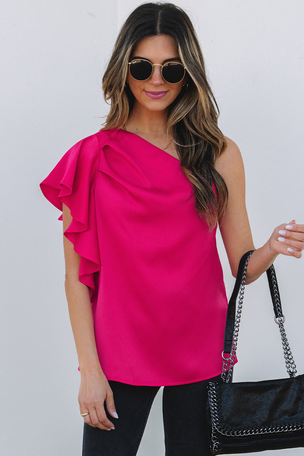 Strawberry Pink Asymmetric Shoulder Ruffle Sleeve Elegant Blouse-Tops/Blouses & Shirts-[Adult]-[Female]-2022 Online Blue Zone Planet