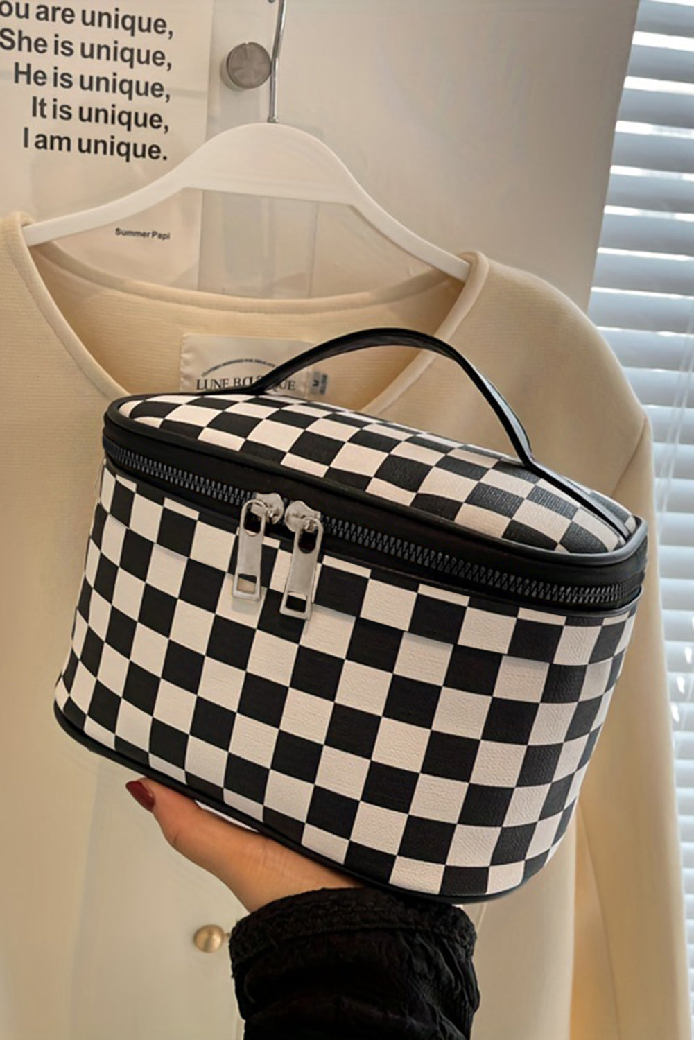 Black Checkered Zipper Large Cosmetic Bag with Handle-Bags-[Adult]-[Female]-Black-ONE SIZE-2022 Online Blue Zone Planet