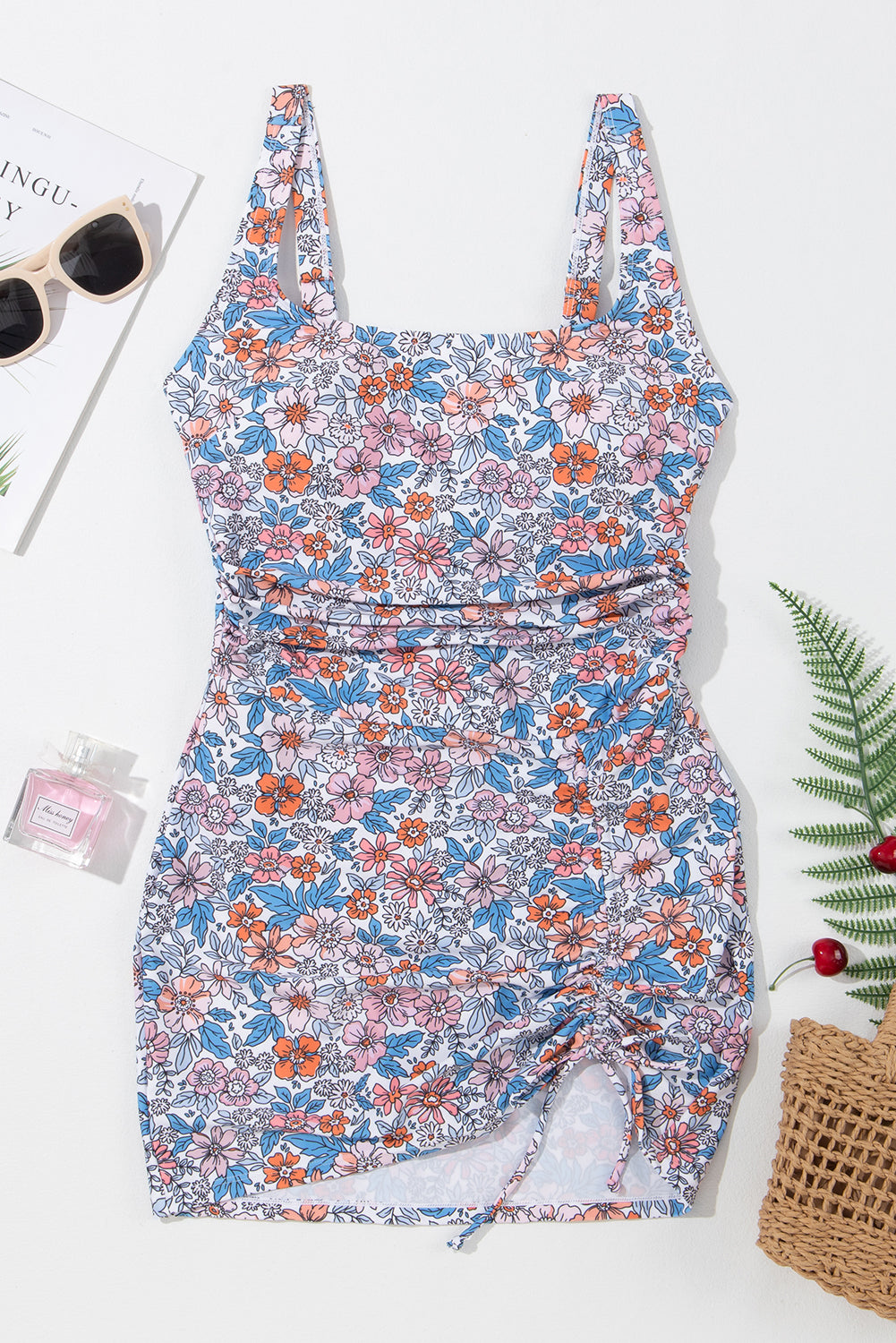 Blue Zone Planet |  Pink Drawstring Ruched Floral Swim Dress Blue Zone Planet