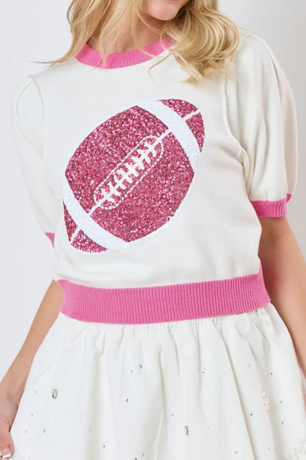 Sequin Football Round Neck Short Sleeve Top-TOPS / DRESSES-[Adult]-[Female]-White-S-2022 Online Blue Zone Planet