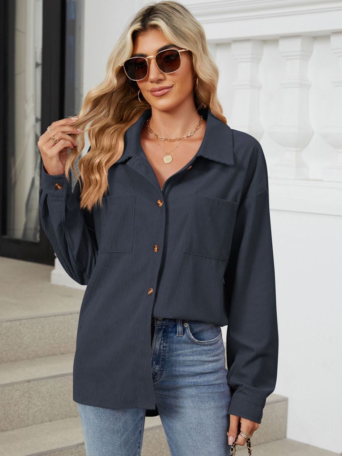 Button Up Dropped Shoulder Long Sleeve Outerwear-TOPS / DRESSES-[Adult]-[Female]-2022 Online Blue Zone Planet