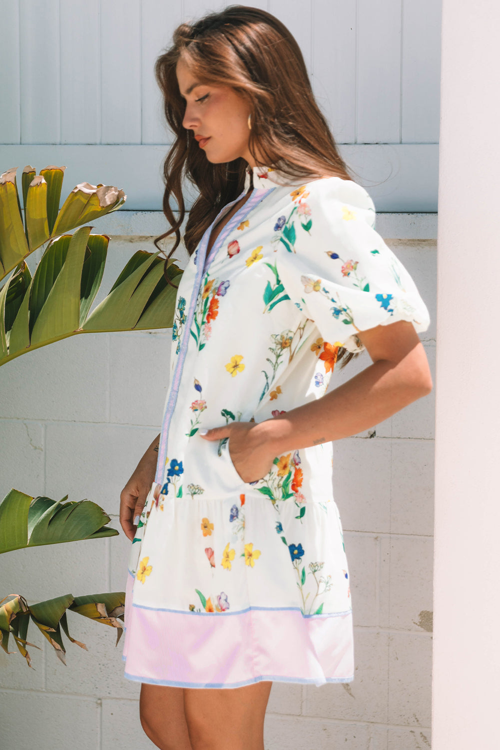 White Floral Print Contrast Striped Patchwork Short Puff Sleeve Dress-TOPS / DRESSES-[Adult]-[Female]-2022 Online Blue Zone Planet