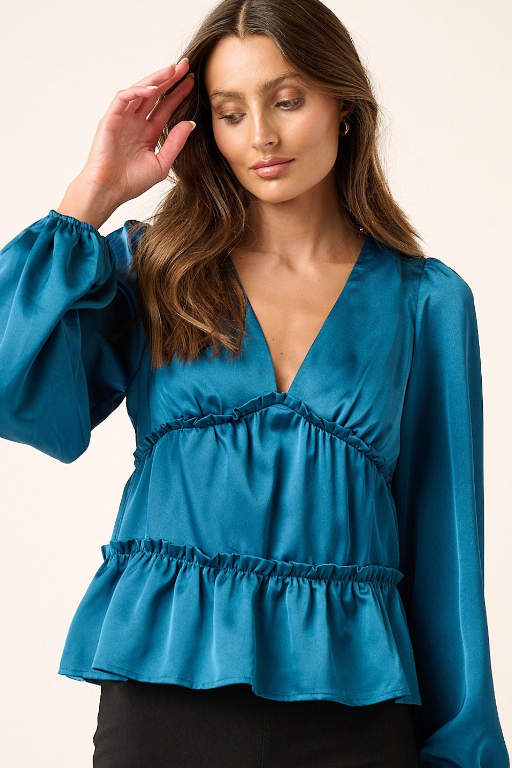 Mittoshop Satin V Neck Ruffled Tier Blouse-TOPS / DRESSES-[Adult]-[Female]-2022 Online Blue Zone Planet