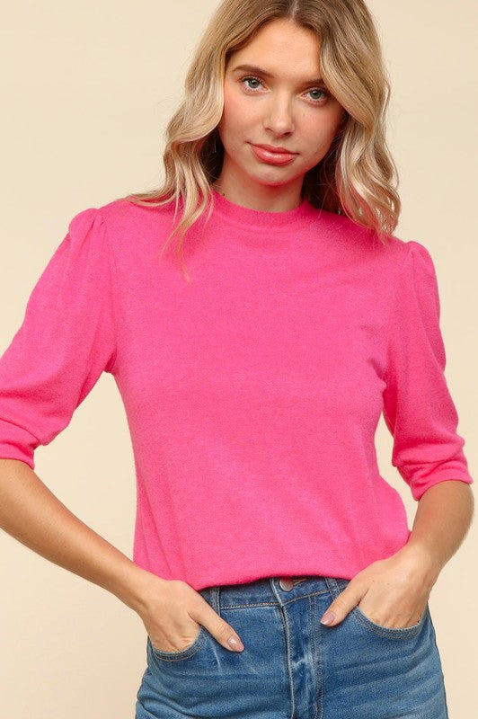 Haptics Tied Back Mock Neck Half Sleeve Knit Top-TOPS / DRESSES-[Adult]-[Female]-Hot Pink-S-2022 Online Blue Zone Planet