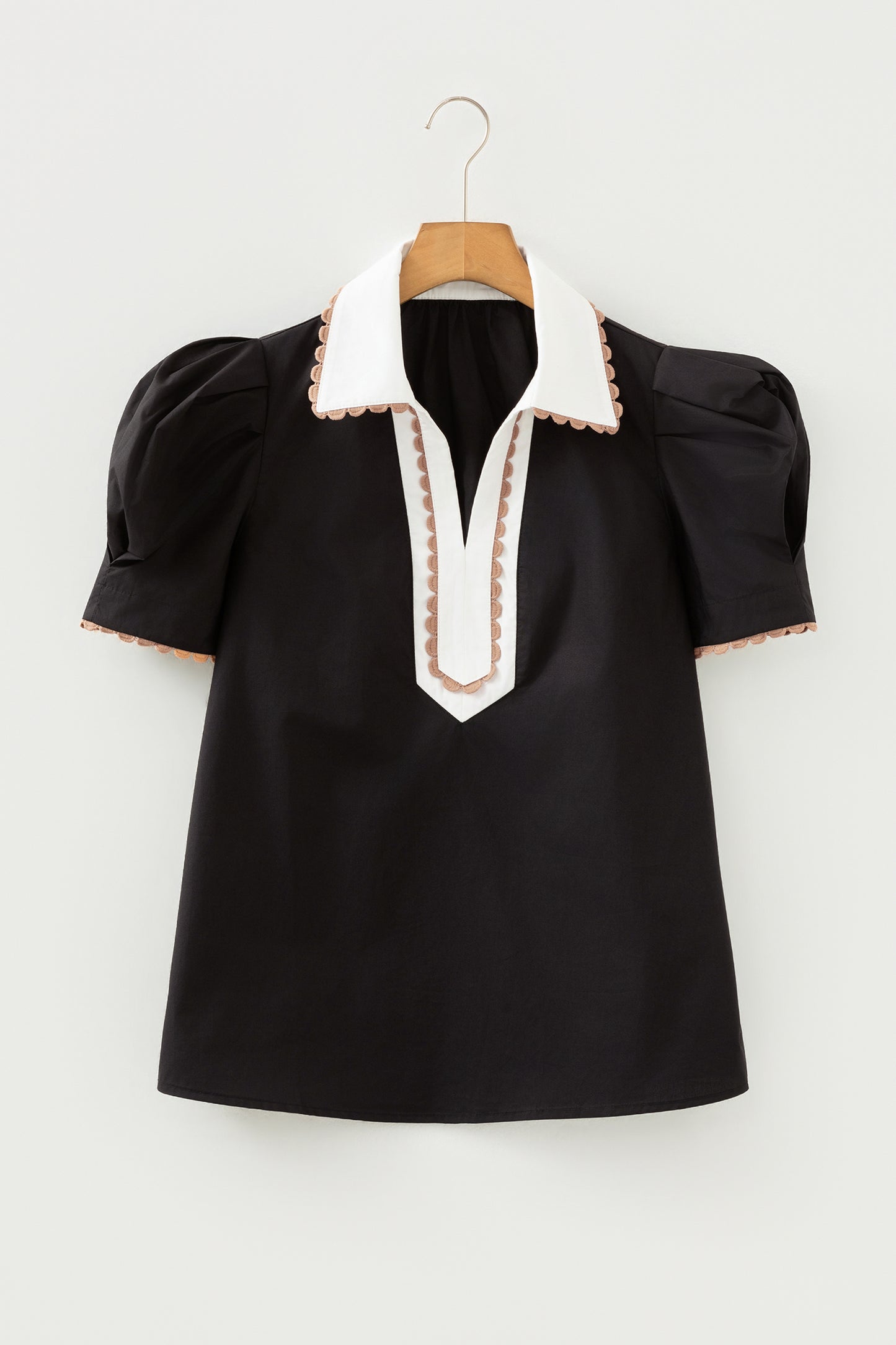 Black Ricrac Trim Color Block Patchwork Shirt Collar Short Sleeve Blouse-Tops/Blouses & Shirts-[Adult]-[Female]-2022 Online Blue Zone Planet