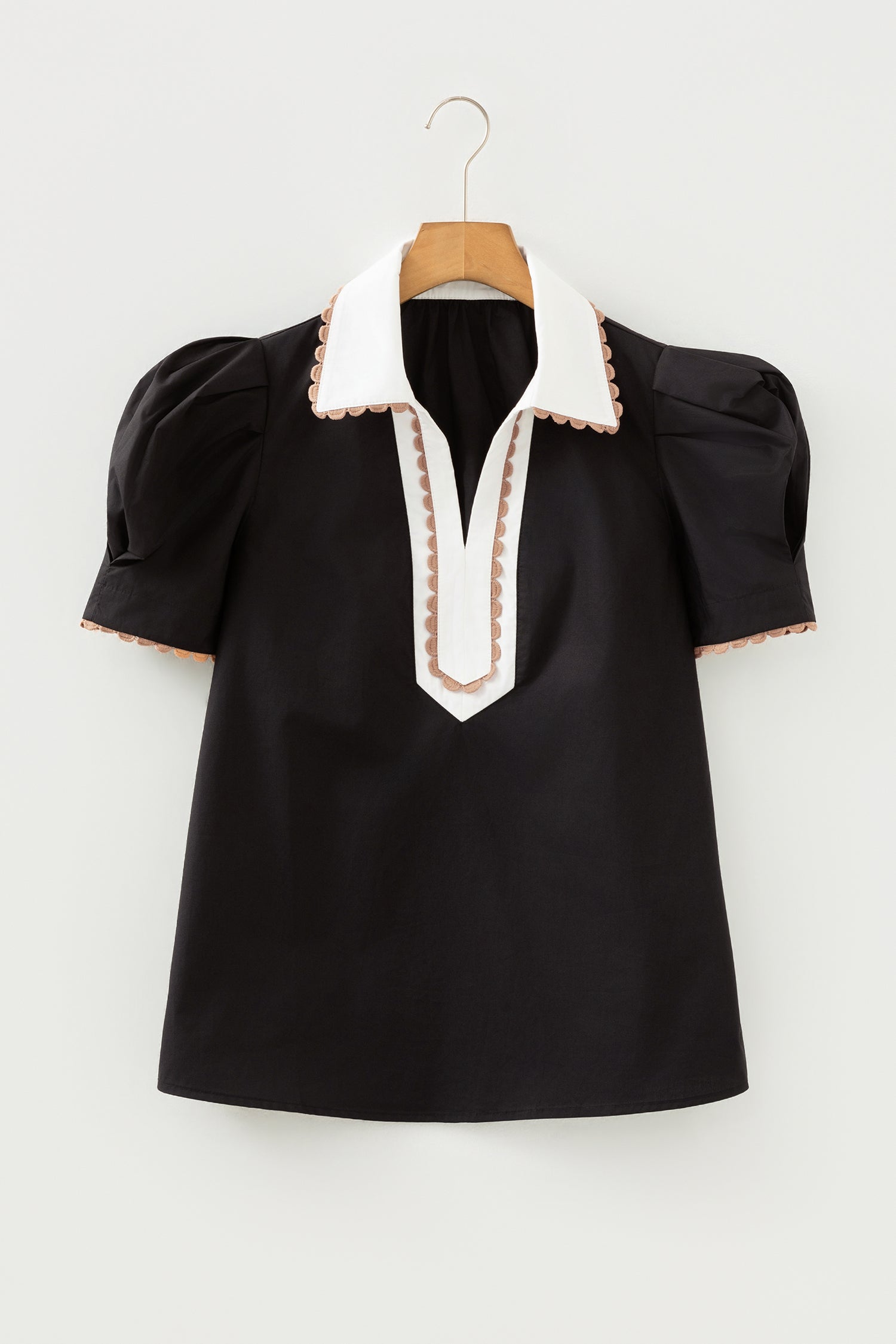 Black Ricrac Trim Color Block Patchwork Shirt Collar Short Sleeve Blouse-Tops/Blouses & Shirts-[Adult]-[Female]-2022 Online Blue Zone Planet