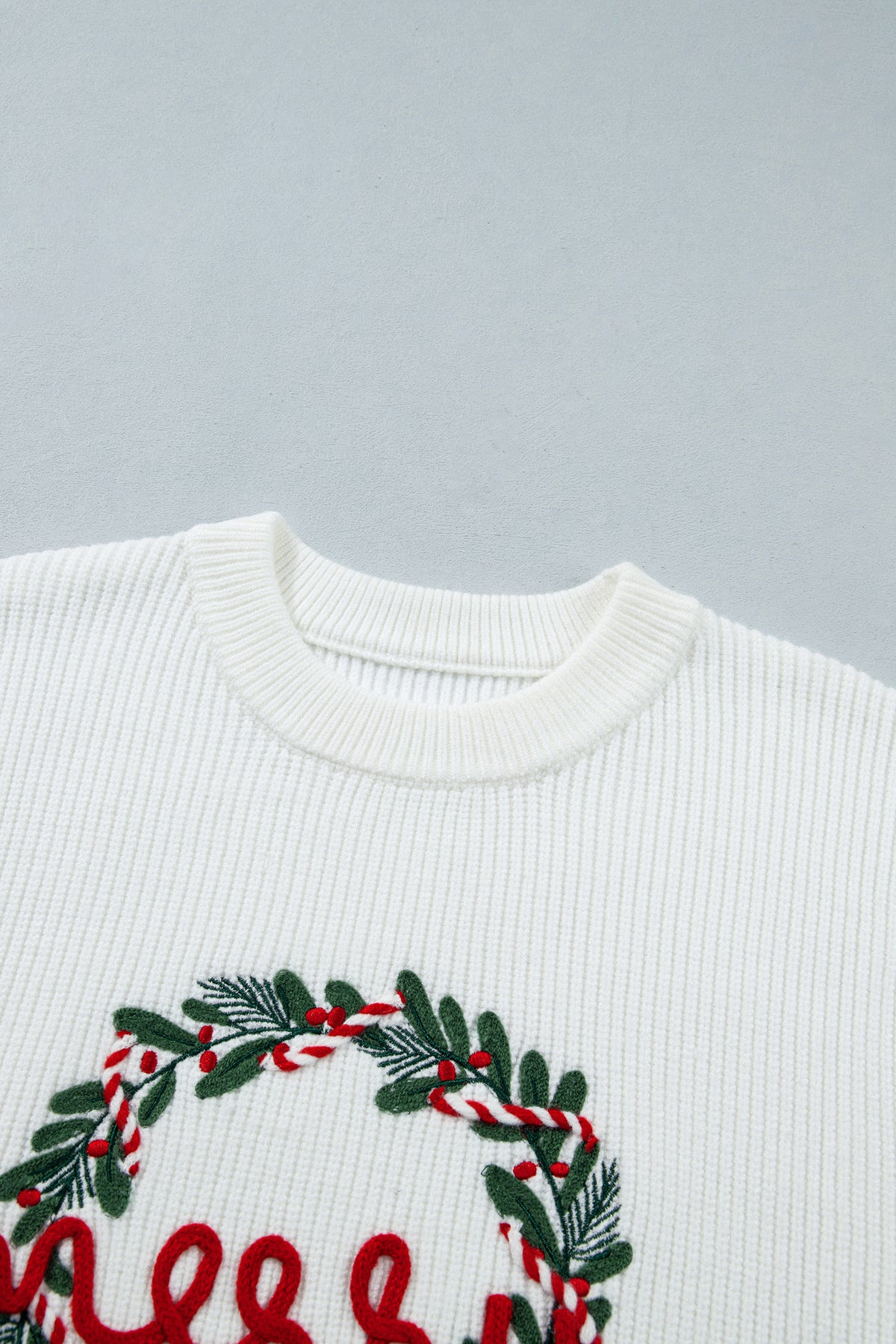 White Christmas Wreath Pattern Round Neck Casual Sweater-TOPS / DRESSES-[Adult]-[Female]-2022 Online Blue Zone Planet