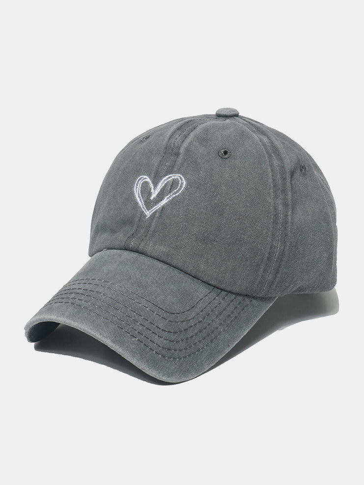 Embroidered Heart Washed Cotton Baseball Cap-HATS-[Adult]-[Female]-Gray-One Size-2022 Online Blue Zone Planet