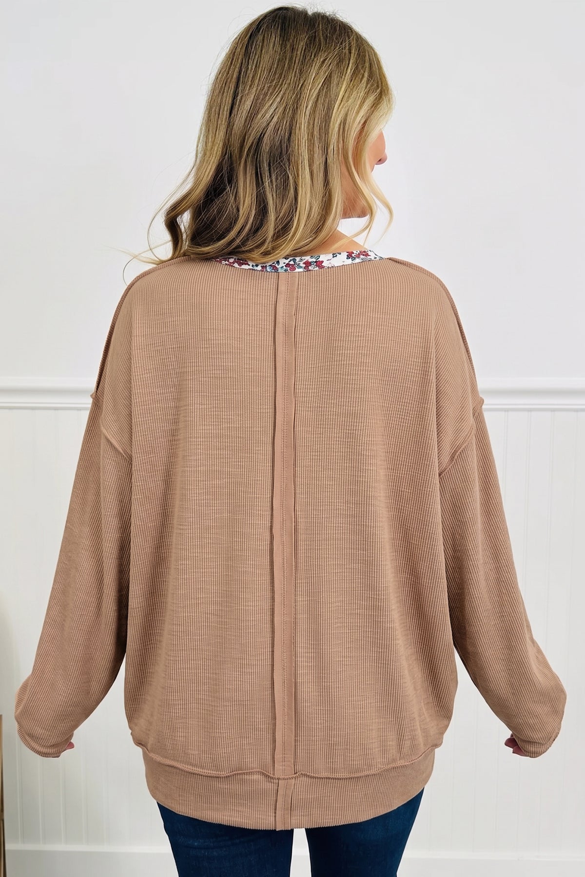 Light French Beige Floral Trim U Neck Long Sleeve Tunic Casual Pullover Top-Tops/Long Sleeve Tops-[Adult]-[Female]-2022 Online Blue Zone Planet