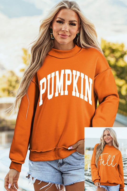 Carrot Pumpkin/Fall Letter Print Mock Neck Tunic Pullover Sweatshirt-Graphic/Graphic Sweatshirts-[Adult]-[Female]-Carrot-S-2022 Online Blue Zone Planet