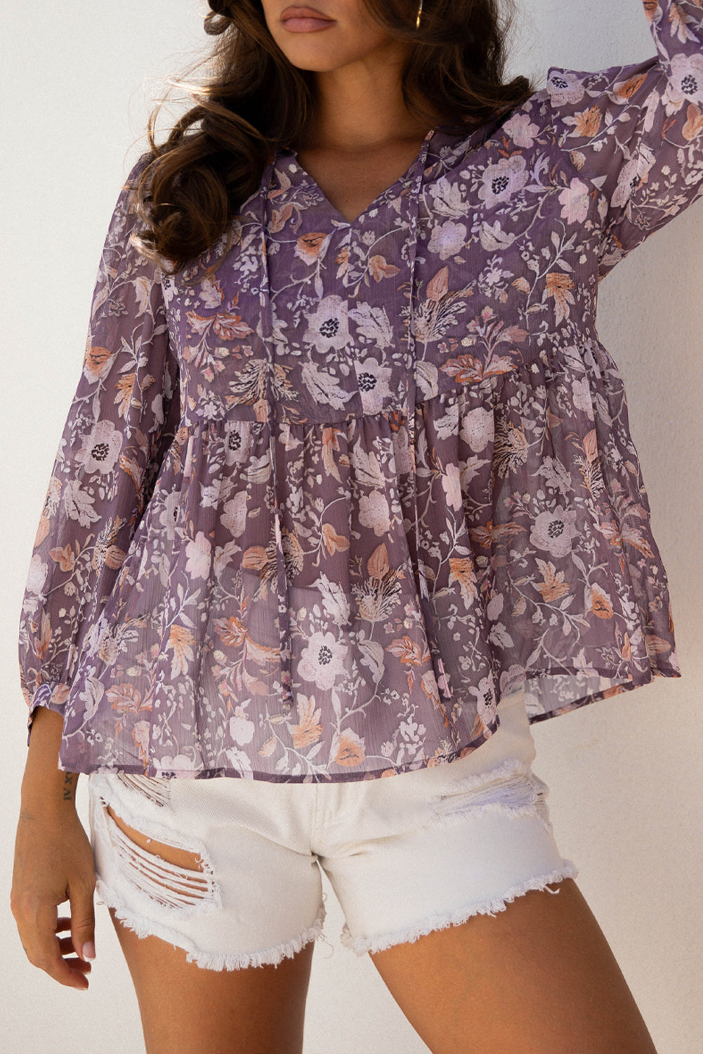 Blue Boho Flower Print 3/4 Sleeve Babydoll Blouse-Tops/Blouses & Shirts-[Adult]-[Female]-2022 Online Blue Zone Planet