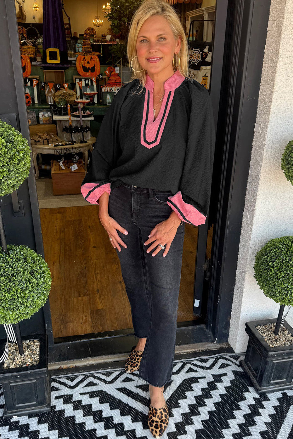 Black Color Block Patchwork Detail V Neck Textured Long Sleeve Blouse-Tops/Blouses & Shirts-[Adult]-[Female]-2022 Online Blue Zone Planet