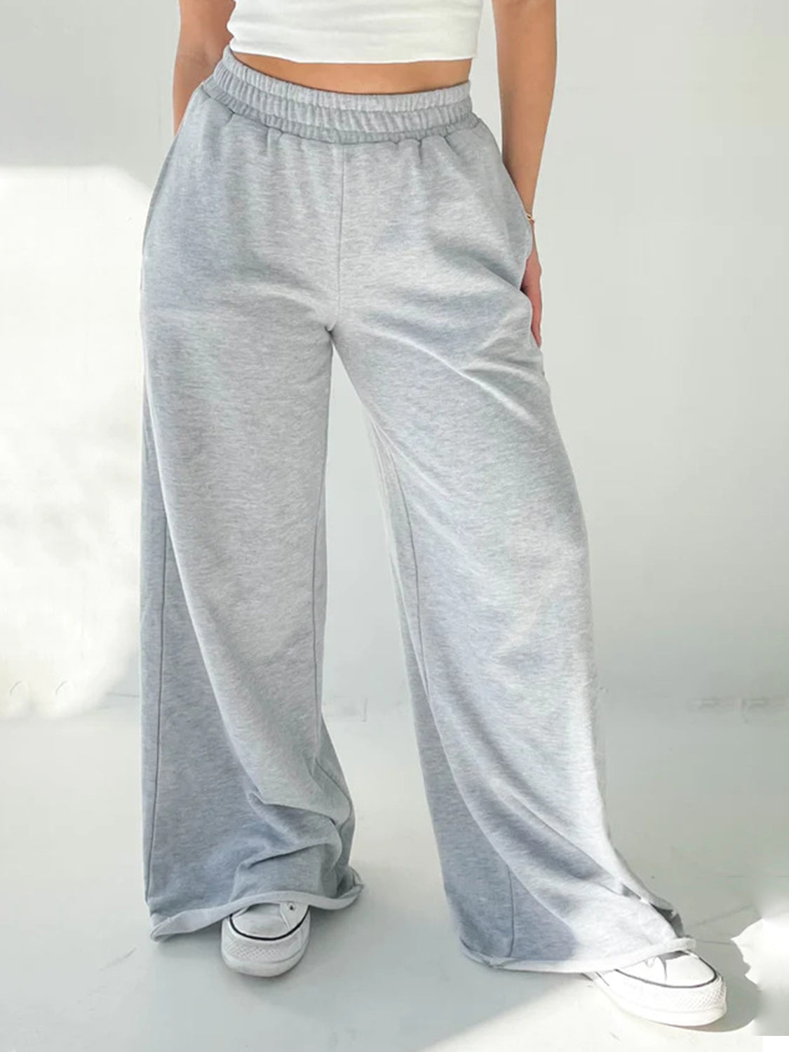 Blue Zone Planet | Elastic Waist Wide Leg Pants-BOTTOMS SIZES SMALL MEDIUM LARGE-[Adult]-[Female]-Light Gray-S-2022 Online Blue Zone Planet