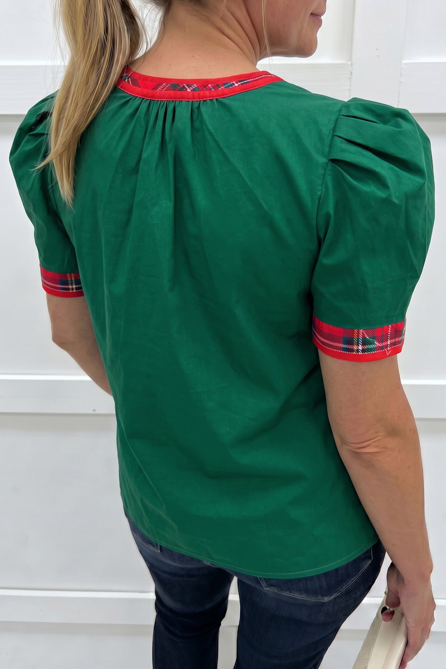 Evergreen Plaid Trim V Neck Short Sleeve Shift Blouse-Tops/Blouses & Shirts-[Adult]-[Female]-2022 Online Blue Zone Planet