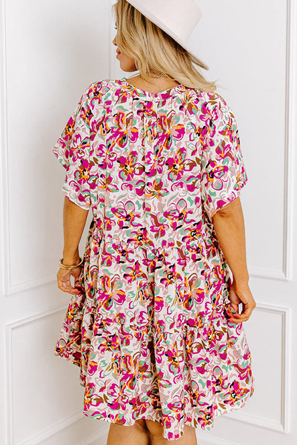 White Abstract Print V Neck Short Sleeve Ruffled Plus Size Mini Dress-TOPS / DRESSES-[Adult]-[Female]-2022 Online Blue Zone Planet