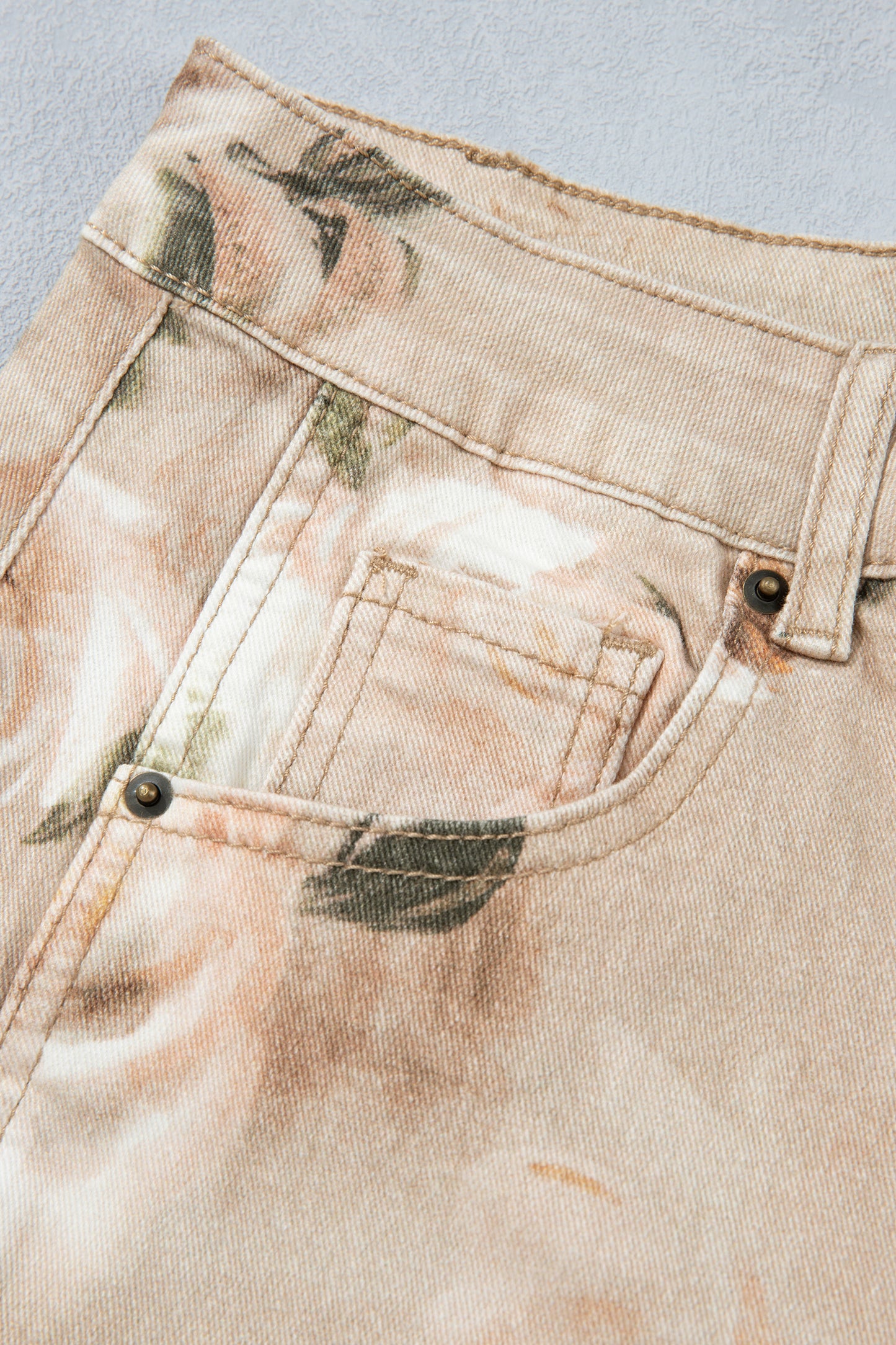 Khaki Retro Floral Print Relaxed Barrel Jeans-Bottoms/Jeans-[Adult]-[Female]-2022 Online Blue Zone Planet