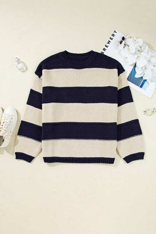 Blue Stripe Color Block PLus Size Drop Shoulder Sweater-TOPS / DRESSES-[Adult]-[Female]-Blue Stripe-1X-2022 Online Blue Zone Planet