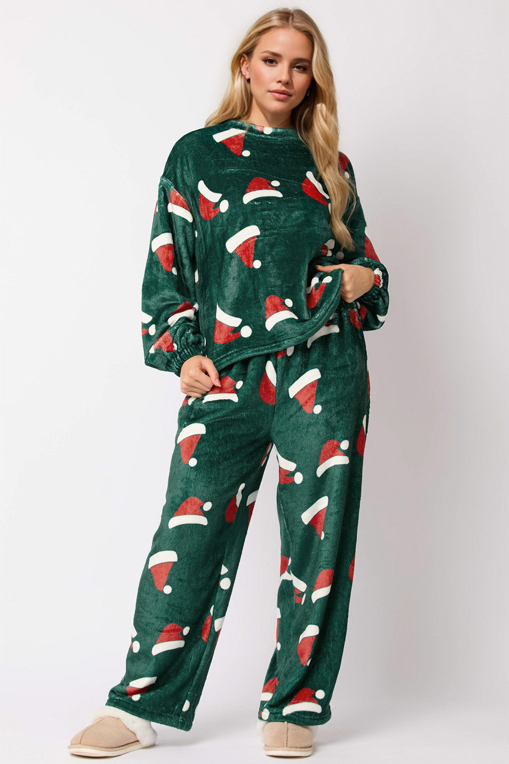 Christmas Hat Pattern Round Neck Long Sleeve Top and Pants Set-TOPS / DRESSES-[Adult]-[Female]-Dark Green-S-2022 Online Blue Zone Planet