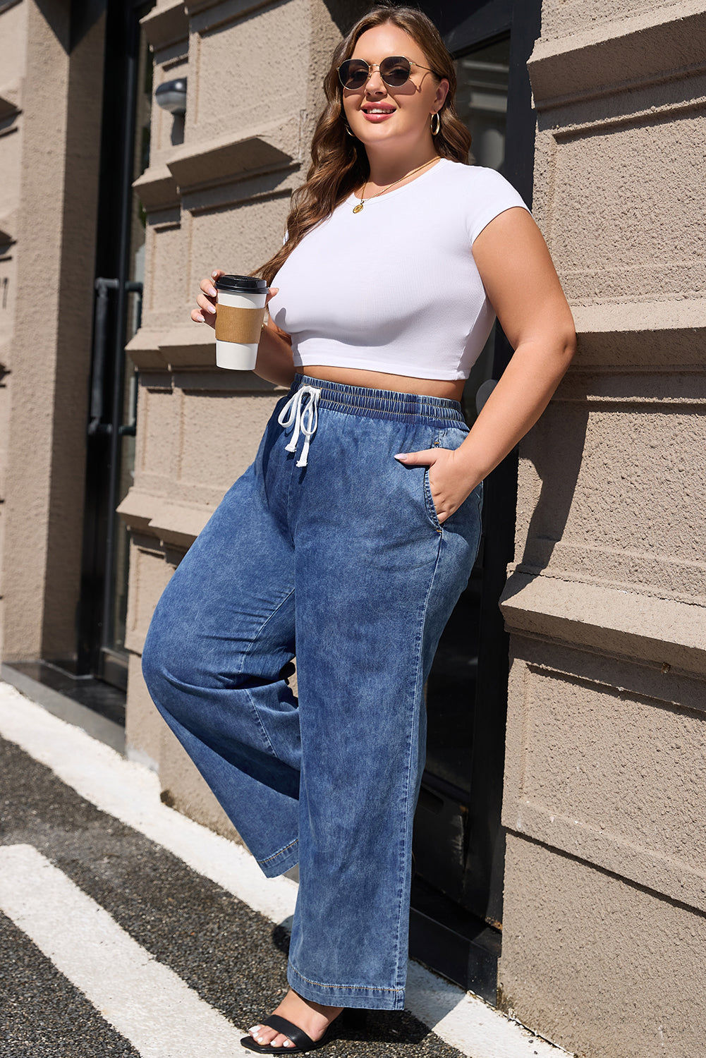 Blue Zone Planet | Dusk Blue Plus Size Drawstring High Waist Straight Leg Jeans-Plus Size/Plus Size Bottoms-[Adult]-[Female]-2022 Online Blue Zone Planet