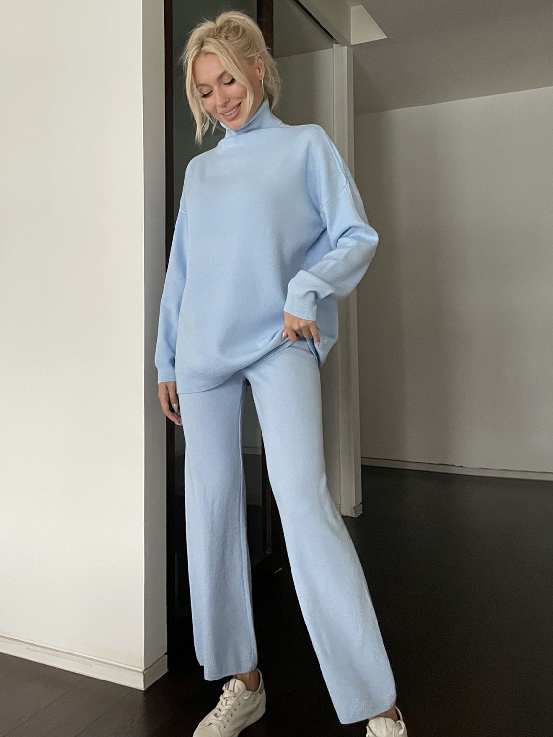 Turtleneck Long Sleeve Top and Drawstring Pants Sweater Set-TOPS / DRESSES-[Adult]-[Female]-2022 Online Blue Zone Planet