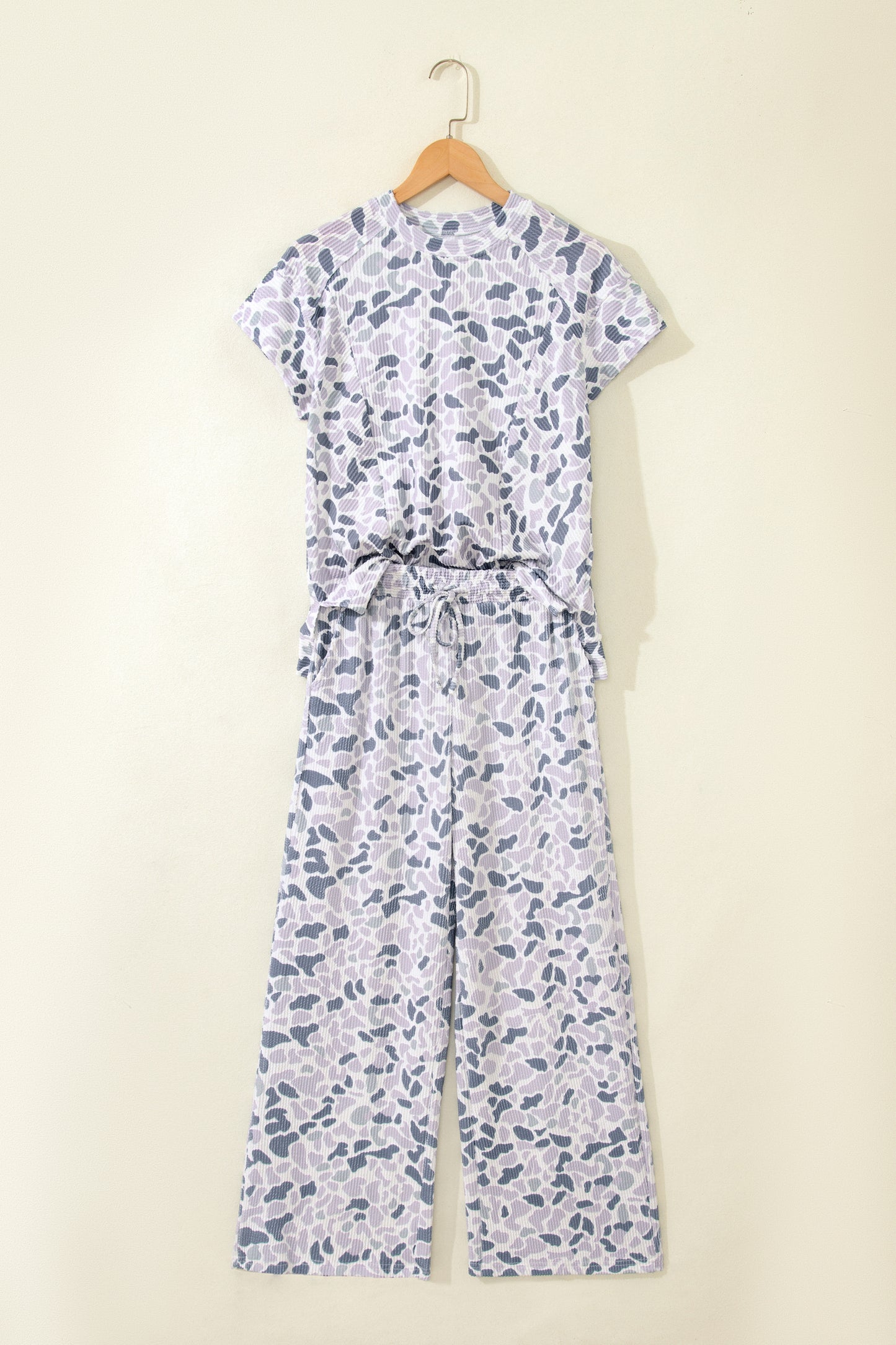 Beige Camouflage Print Twisted Rib Loose Tee Drawstring Pants Set-Two Piece Sets/Pant Sets-[Adult]-[Female]-2022 Online Blue Zone Planet