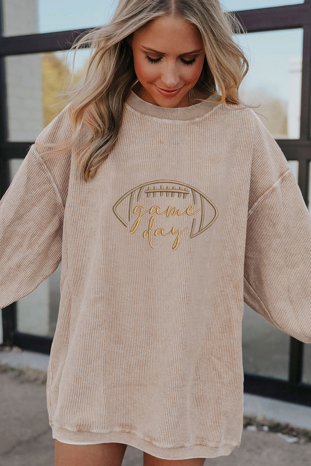 Apricot Rugby Game Day Embroidered Corduroy Sweatshirt-Graphic/Graphic Sweatshirts-[Adult]-[Female]-2022 Online Blue Zone Planet
