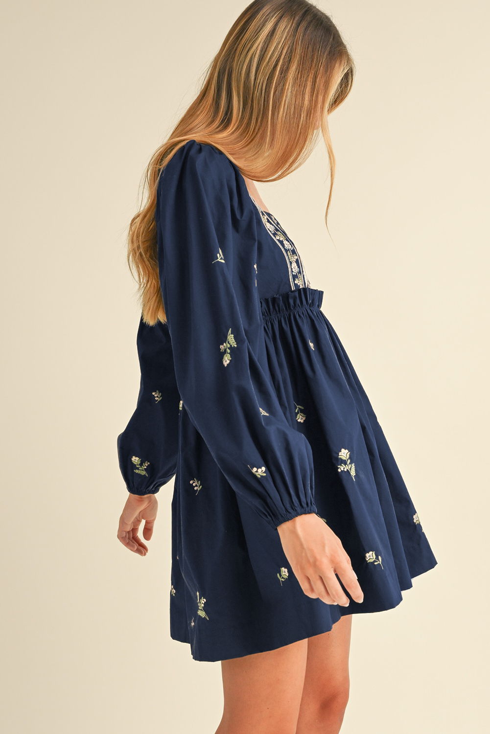 Blue Floral Embroidered Square Neck Puff Sleeve Ruffled Mini Dress-Dresses/Mini Dresses-[Adult]-[Female]-2022 Online Blue Zone Planet