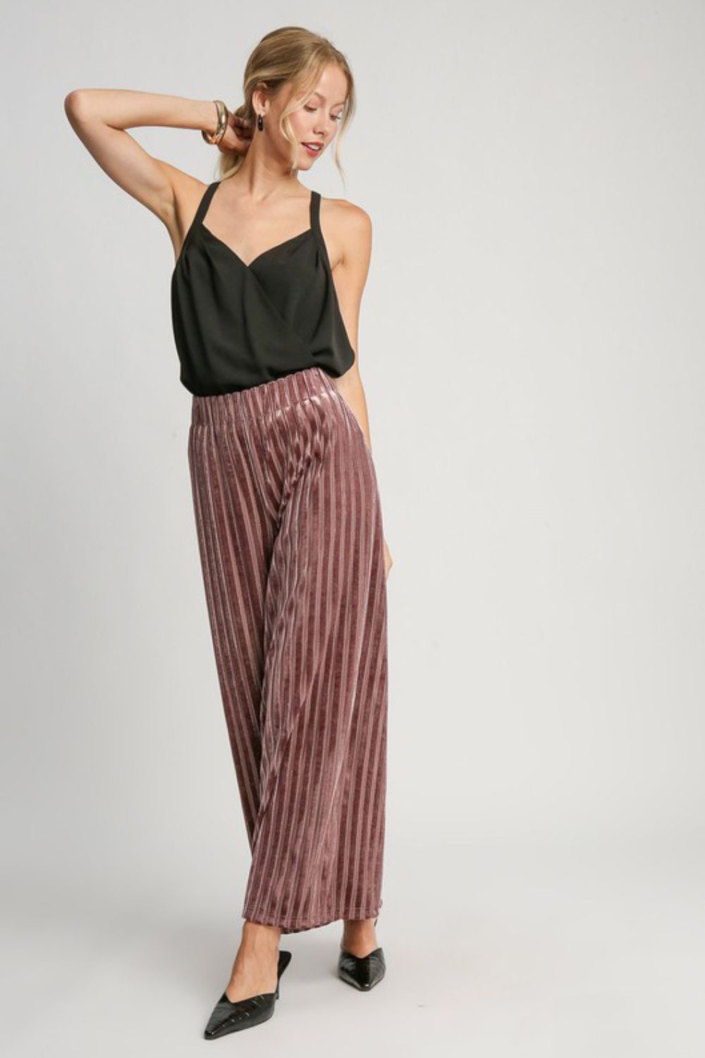 Blue Zone Planet | Umgee Full Size Elastic Waist Striped Wide Leg Velvet Pants-BOTTOMS SIZES SMALL MEDIUM LARGE-[Adult]-[Female]-2022 Online Blue Zone Planet