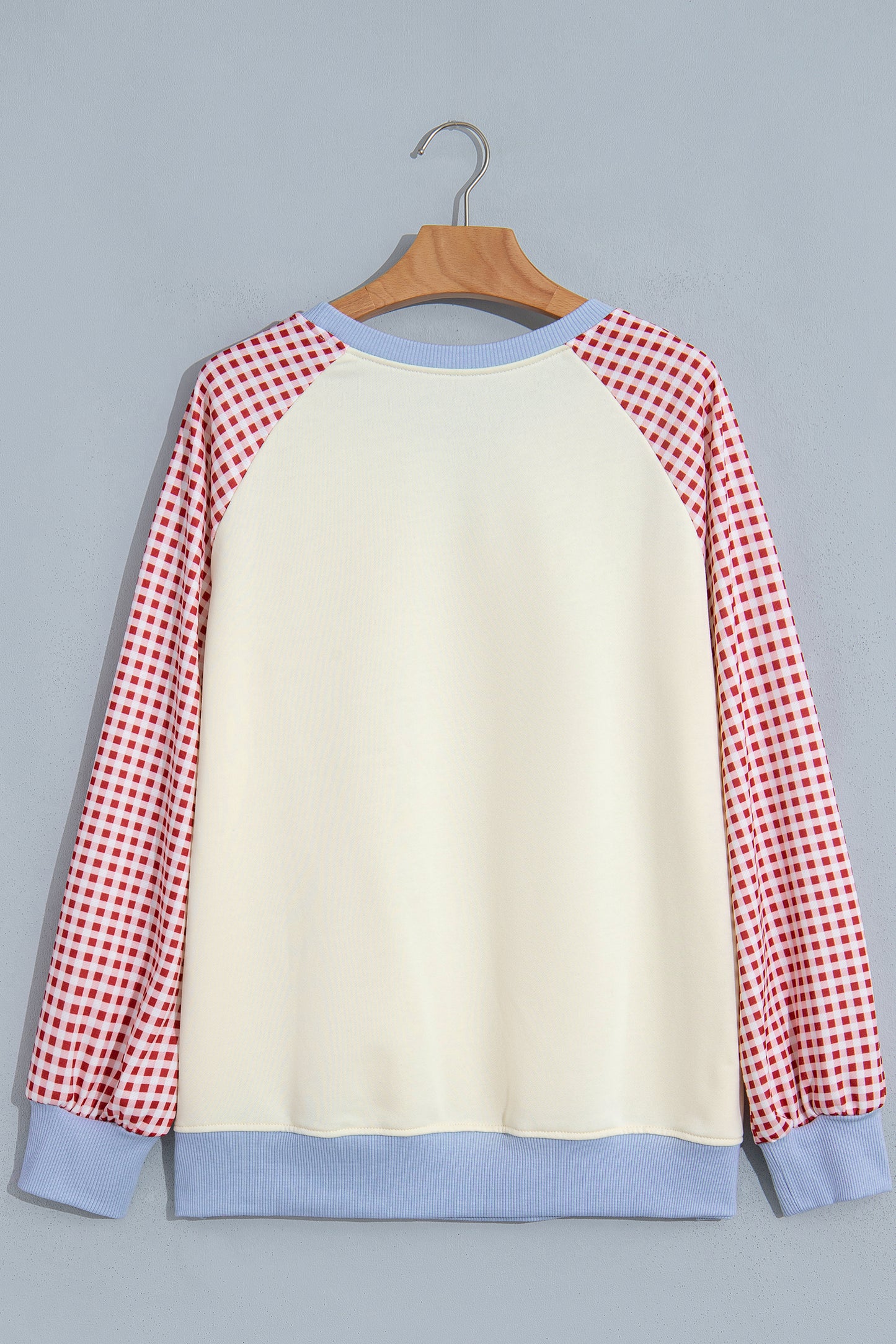 Beige Plaid Sleeve Colorblock Raglan Pullover Sweatshirt-Tops/Sweatshirts & Hoodies-[Adult]-[Female]-2022 Online Blue Zone Planet