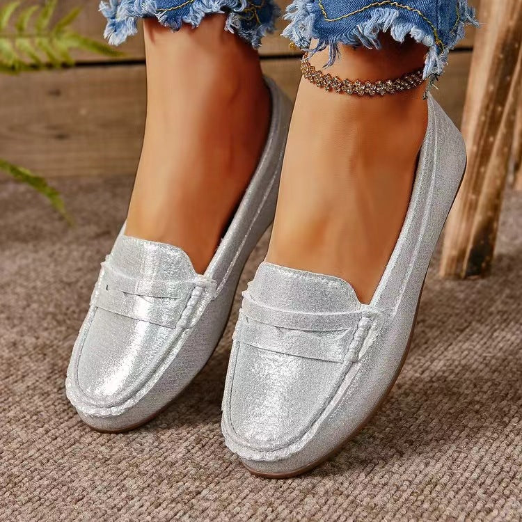 PU Leather Round Toe Flat Slip-Ons-SHOES-[Adult]-[Female]-Silver-36(US5)-2022 Online Blue Zone Planet