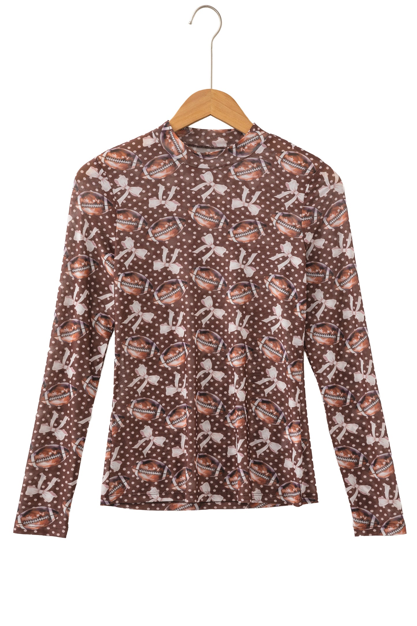 Brown Polka Dot Bow Printed Game Day Vibes Mesh Long Sleeve Top-Tops/Long Sleeve Tops-[Adult]-[Female]-2022 Online Blue Zone Planet