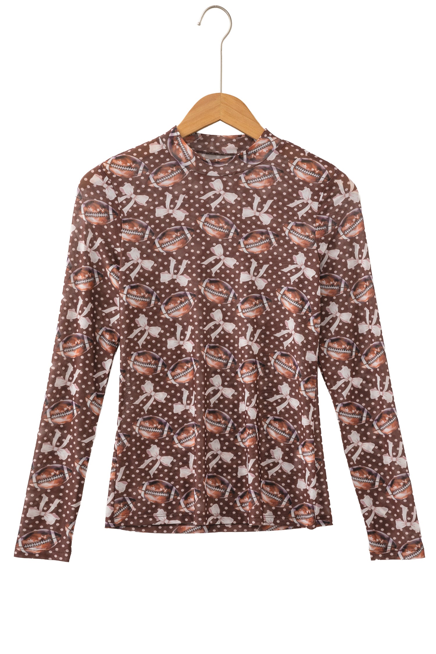 Brown Polka Dot Bow Printed Game Day Vibes Mesh Long Sleeve Top-Tops/Long Sleeve Tops-[Adult]-[Female]-2022 Online Blue Zone Planet