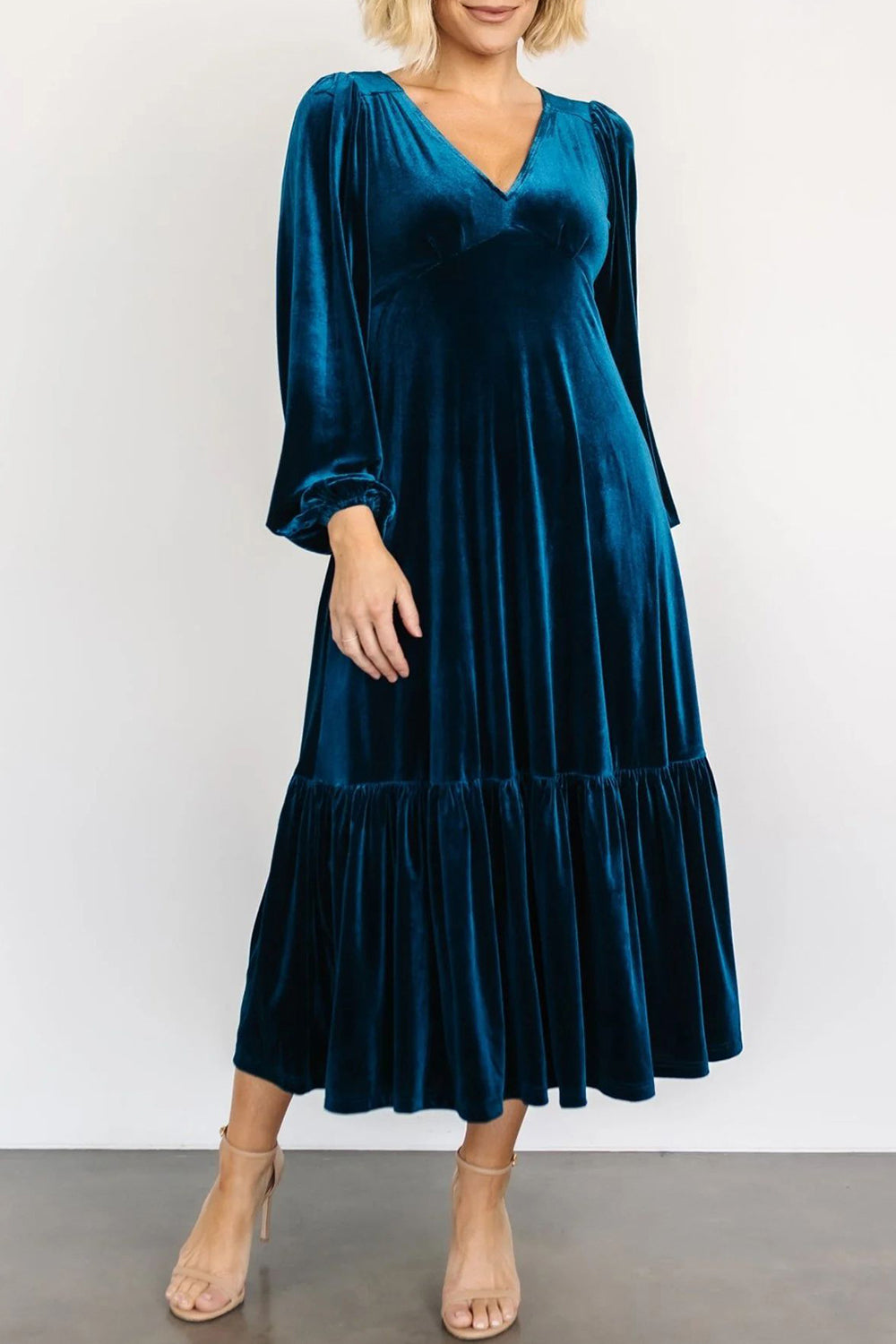Blue Zone | V-Neck Long Sleeve Midi Velvet Dress - Blue Zone Peacock Blue / M by Blue Zone Planet Blue Zone | V-Neck Long Sleeve Midi Velvet Dress - Blue Zone Peacock Blue / M by Blue Zone Planet