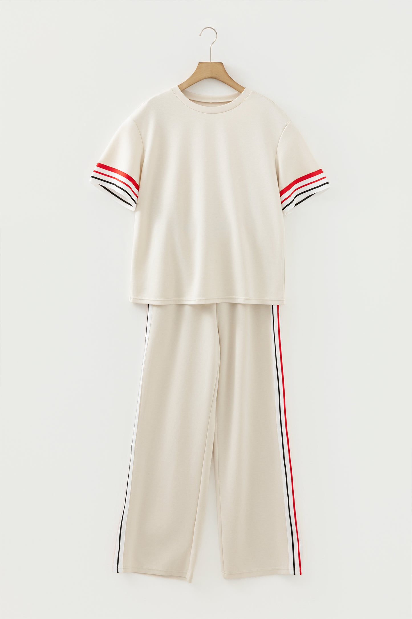 Jet Stream Contrast Striped Trim Crewneck T Shirt Loose Straight Pants Set-Two Piece Sets/Pant Sets-[Adult]-[Female]-2022 Online Blue Zone Planet