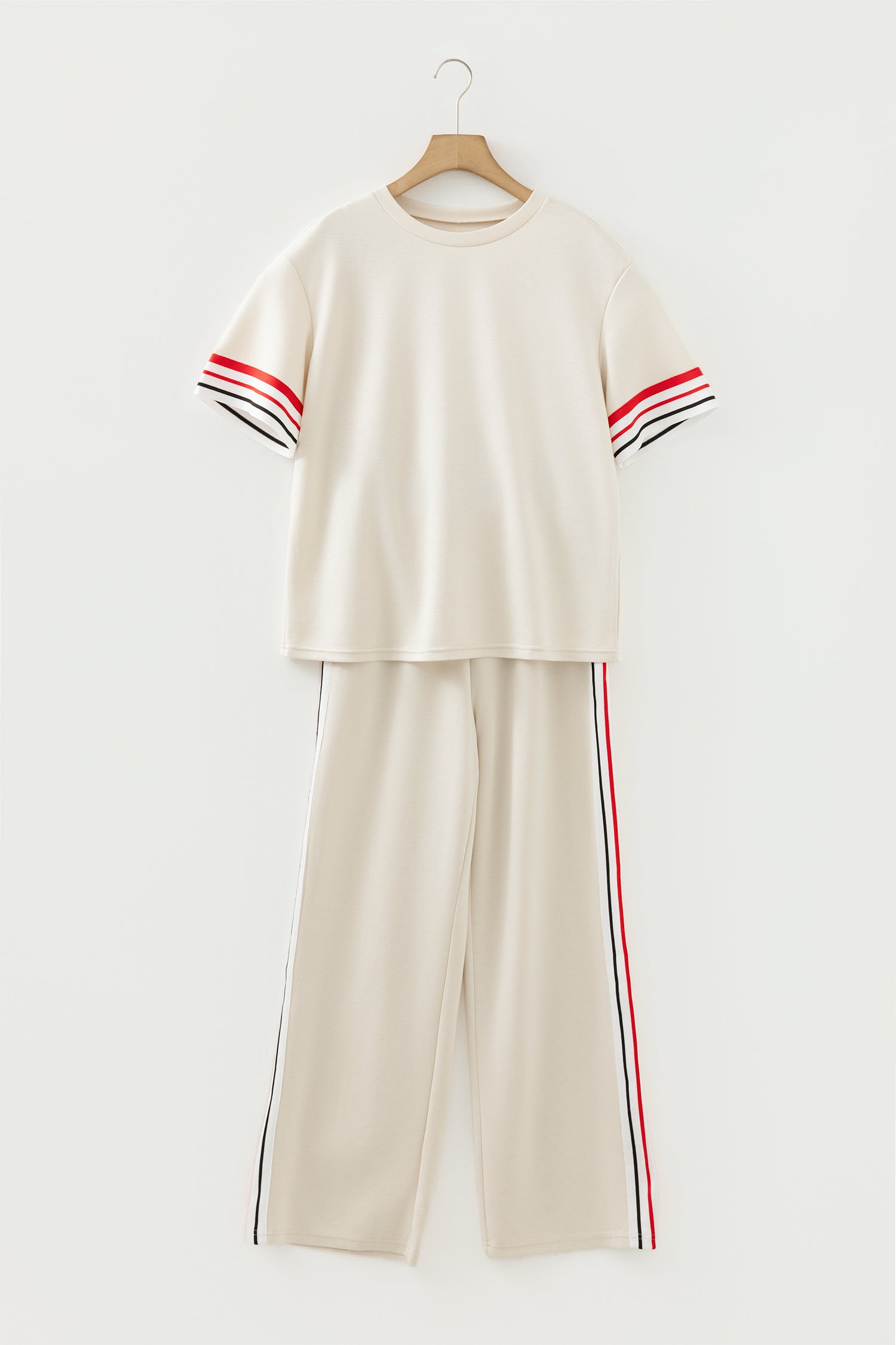 Jet Stream Contrast Striped Trim Crewneck T Shirt Loose Straight Pants Set-Two Piece Sets/Pant Sets-[Adult]-[Female]-2022 Online Blue Zone Planet