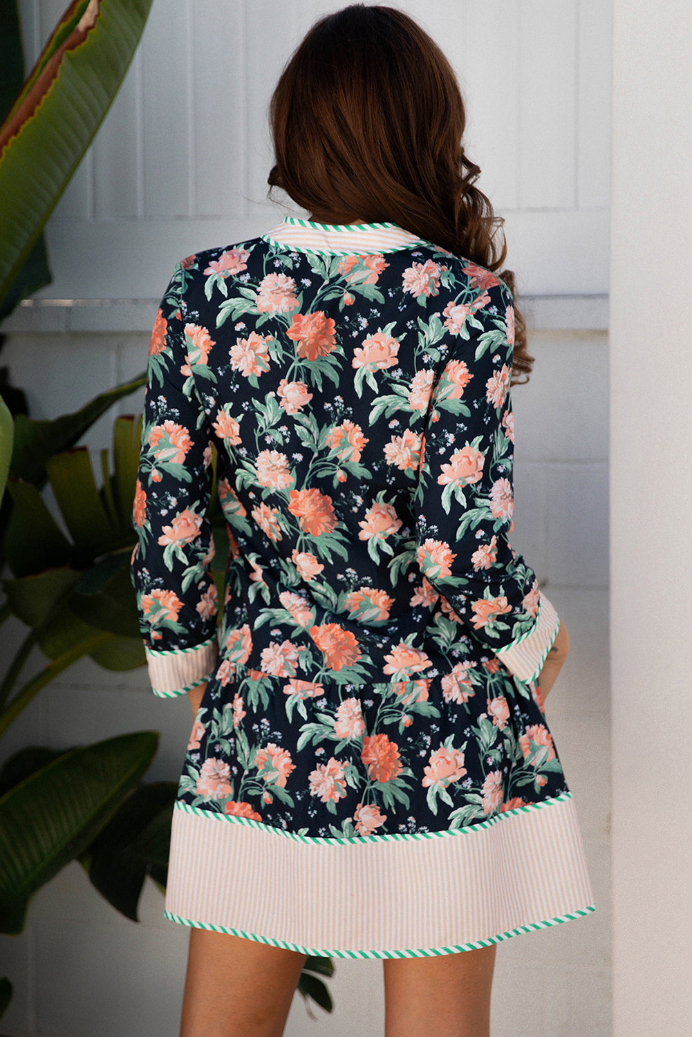 Blue Floral Print Striped Trim V Neck Long Sleeve Ruffle Hem Shift Mini Dress-TOPS / DRESSES-[Adult]-[Female]-2022 Online Blue Zone Planet