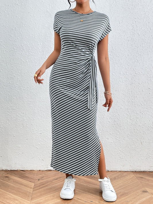 Tied Striped Round Neck Short Sleeve Tee Dress-TOPS / DRESSES-[Adult]-[Female]-Gray-S-2022 Online Blue Zone Planet