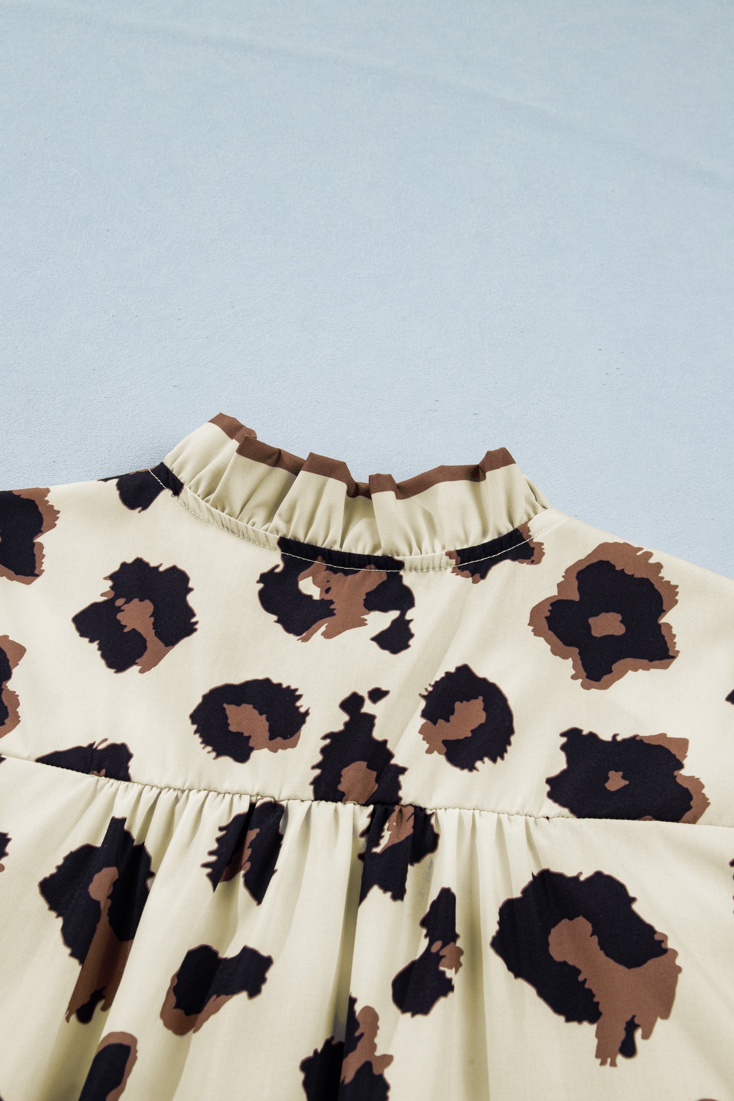 Khaki Plus Size Leopard Print Frilled Color Block Trim Button Down Short Sleeve Blouse-Plus Size/Plus Size Tops/Plus Size Blouses & Shirts-[Adult]-[Female]-2022 Online Blue Zone Planet