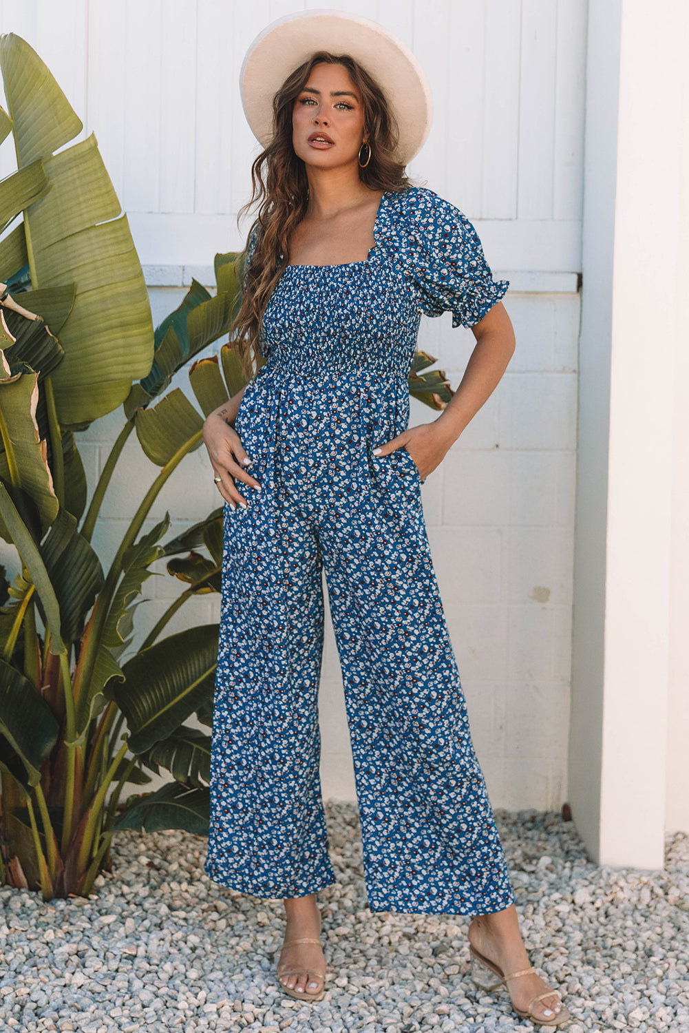 Blue Vintage Boho Floral Smocked Short Puff Sleeve Wide Leg Jumpsuit-Bottoms/Jumpsuits & Rompers-[Adult]-[Female]-2022 Online Blue Zone Planet